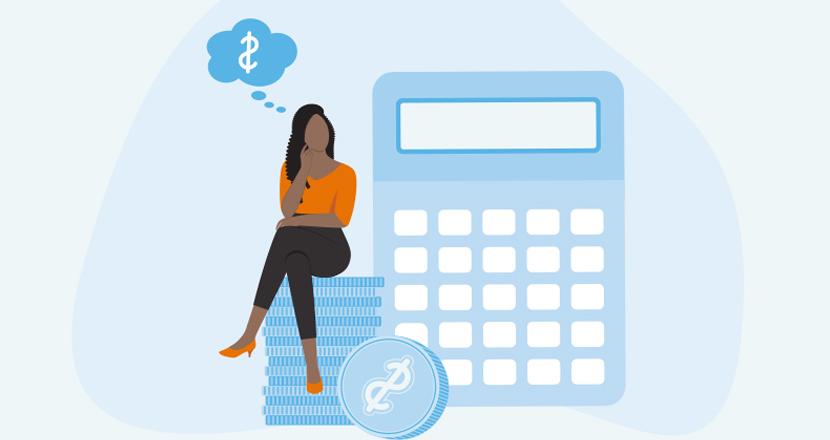 Illustration of woman sitting on a stack of textbooks calculating the cost of college